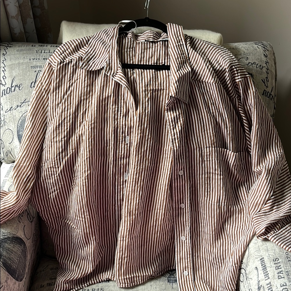 Striped Long-Sleeve Zara Button-Up Shirt in Brown and White